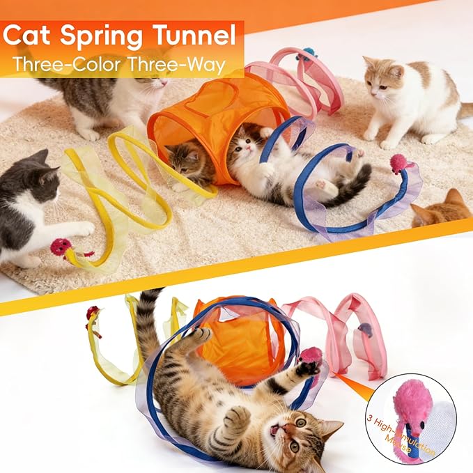 Cat Spring Toy-Spiral Cat Tunnel with 3 Realistic Mouse Decor, Retractable Elastic Spring Cat Toy for Indoor Cats