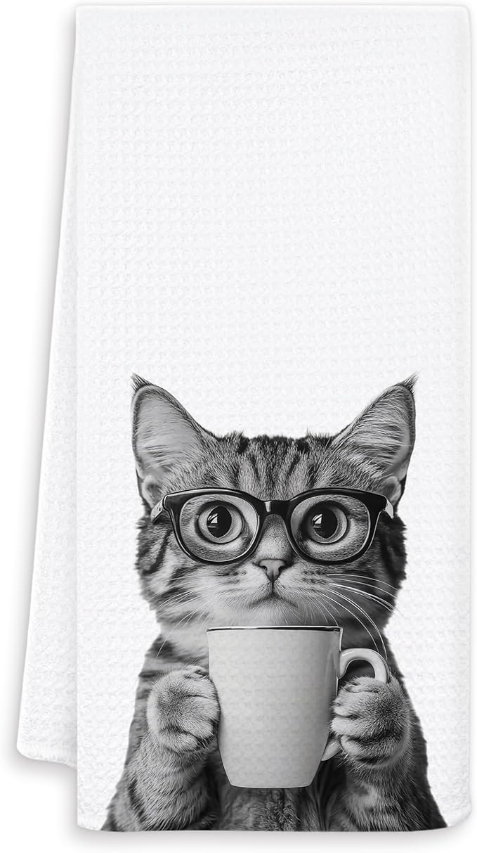 Funny Coffee Cat Kitchen Towels, Cat Lovers Mom Lady Gifts Dish Tea Towel for Kitchen Coffee Bar Station Decor, Kitten Pet Lover Gifts Hand Towels, 16x24 Inch
