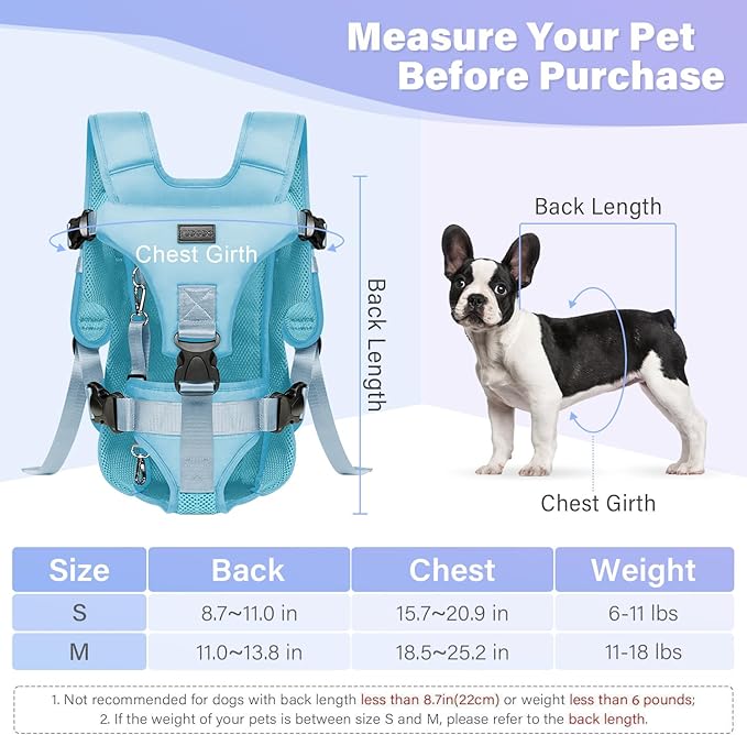 YUDODO Front Pet Carrier Backpack for Small Dogs, Secure and Breathable Mesh, Ergonomic Support, Adjustable for Walking, Hiking, or Travel (Blue M)