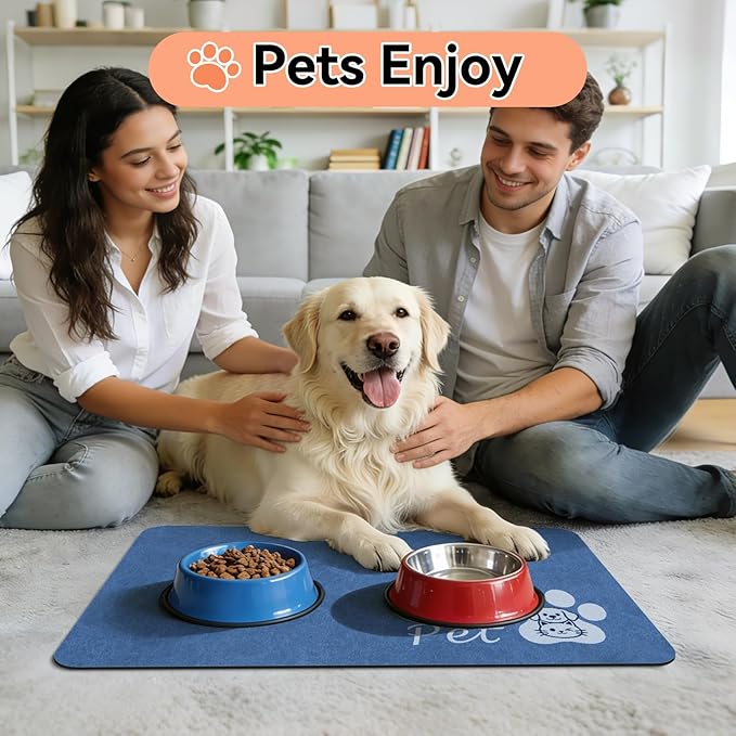 Dog Cat Feeding Mat-Absorbent Pet Bowl Mat for Food and Water, Quick Dry Water Dispenser Mat for Floors with Waterproof Rubber Backing, Puppy Cat Placemat Mats for Messy Drinkers,16"x24",Blue
