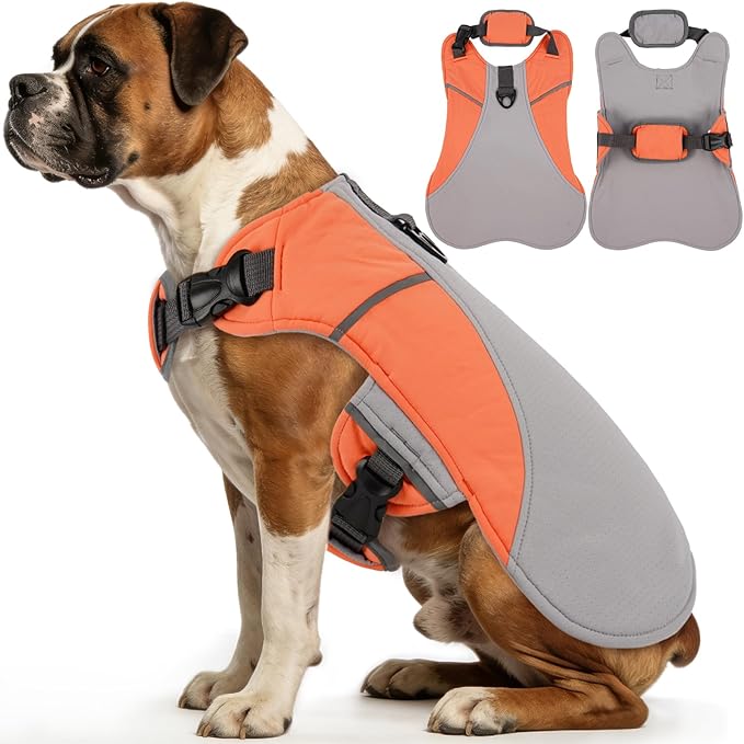 DENTRUN Dog Cooling Vest with Dual Absorbent Core, Adjustable Sun Protective Vest for Hot Weather, Doggie Ice Jacket Hiking Travel Summer Essentials, Reflective, Sun Protective Vest, Orange L