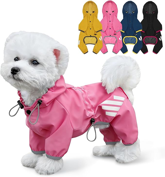 Dog Raincoat, Waterproof Dog Rain Jacket with Hood, Rain Coat with Leash Hole, Reflective Strap for Small Medium Dogs, Lightweight Puppy Clothes(Pink,S)