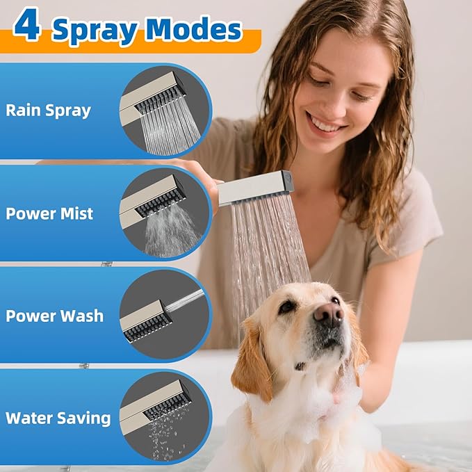 Hibbent All Metal Dog Sprayer Attachment Set, Stainless Steel Pet Shower Sprayer for Dog Washing and Bathing, 4 Sprays Handheld with Pause Mode, Brass Shower Diverter Valve, 119" Hose, Brushed Nickel