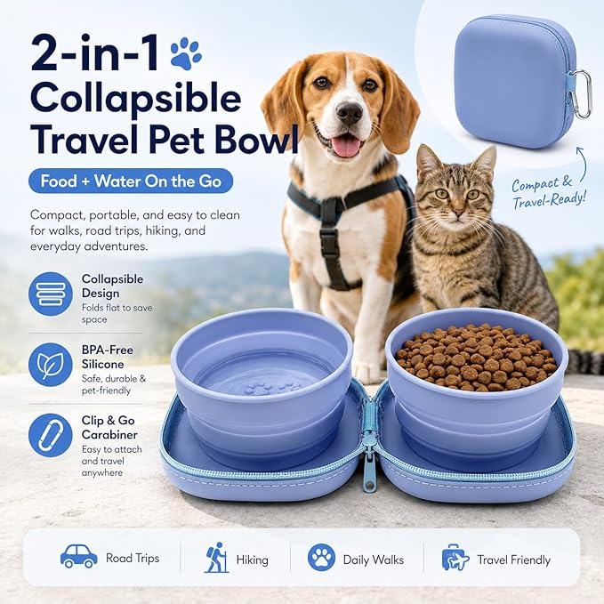 Portable Dog Bowl, Collapsible 2-in-1 Travel Dog Bowls with Carabiner Clip, Silicone Double Pet Food and Water Dish for Outdoor Camping and Hiking (Blue)