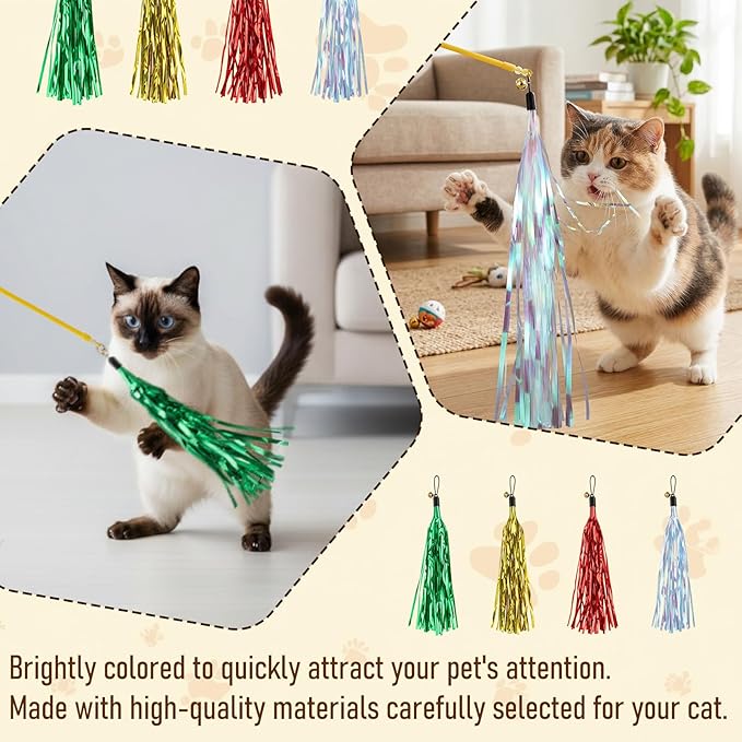 8Pcs Cat Wand Toy Replacement with Bell Metallic Foil Tassel, 9Inch Cat Wand Attachments for Most Cats Indoor Cats Interactive Chase Exercise, 4 Colors