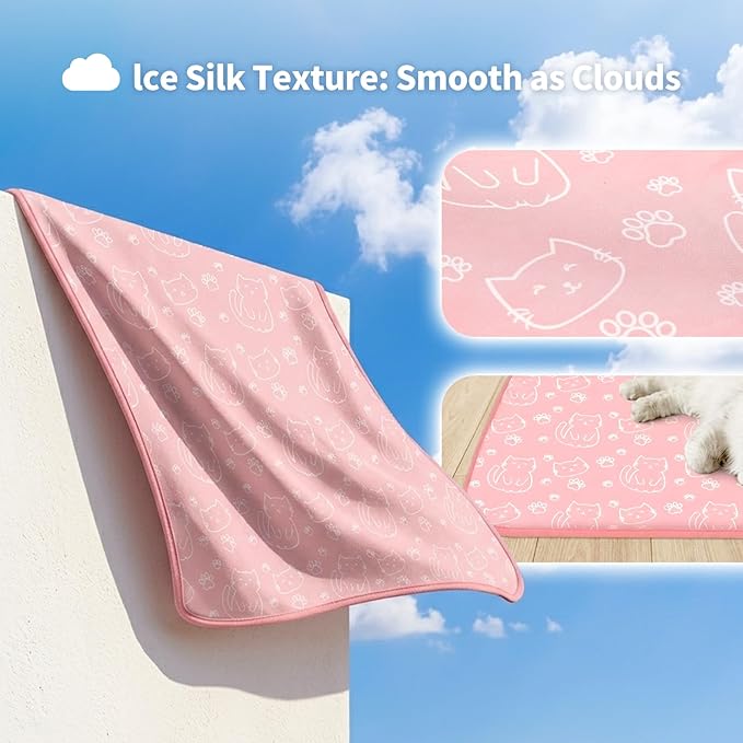 NWK Pet Cooling Mat -Q-Max>0.345 Ice Silk Cooling Mat for Dogs & Cats Portable & Washable Pet Cooling Blanket, Car Seats, Beds for Summer (Pink Cat, 20'' X 16'' X 0.3'')