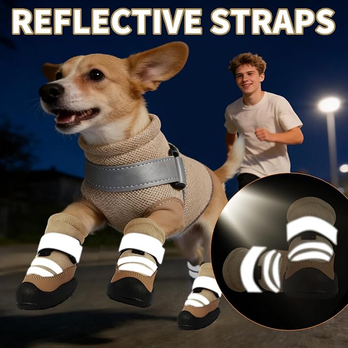 Dog Boots, Waterproof Dog Shoes with Reflective Straps, Rugged Anti-Slip Sole Paw Protectors for Medium Large Dogs, Breathable Pet Booties for Hot Pavement, Snow, Hiking, 4Pcs