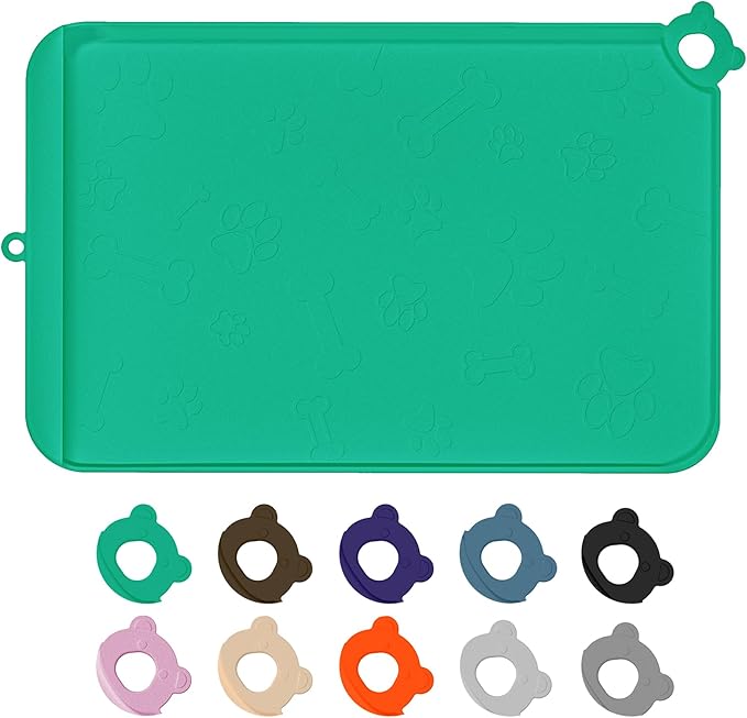 Dog Food Mat, Silicone Dog Mat for Food and Water -Pet Feeding Mats with Residue Collection Pocket, Waterproof Dog Cat Bowl Mats with Raised Edges and Hooks, Placemats for Cats and Dogs Water Bowl