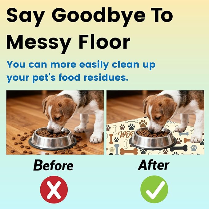 Cute Dog Food Mat 20 x 12 Inch Paw Print Bones Pattern Non Slip Design, Dog Feeding Mat Absorbent Quick Dry Washable Bowl Placemat Rug Protect Floors for Cat Pet Food Water Area Home Use