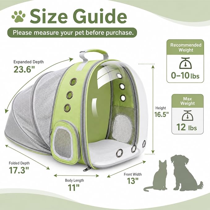 Expandable Cat Carrier Backpack for Cats & Dogs, Bubble Window Pet Travel Backpack with Breathable Mesh, Anti-Collapse Structure, Side Door, Safety Leash, for Vet Visits, Hiking, Outdoor, Light Green