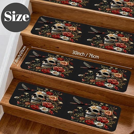 Abstract Skull Colorful Flower Stair Treads for Wooden Steps Indoor Washable Staircase Carpet 10PCS 30"x7.8" Stair Step Treads Non-Slip Staircase Covers Peel and Stick Safety Mat for Kids Elders Pets