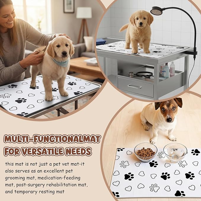 AceOrbit 1 Pack 24x36 Inch Non-Slip Dog Grooming Mat for Table Dog Vet Mat Black and White Paw Print Pet Grooming Pad for Cat Pet Checkups Rehabilitation Bath, Waterproof and Easy to Clean