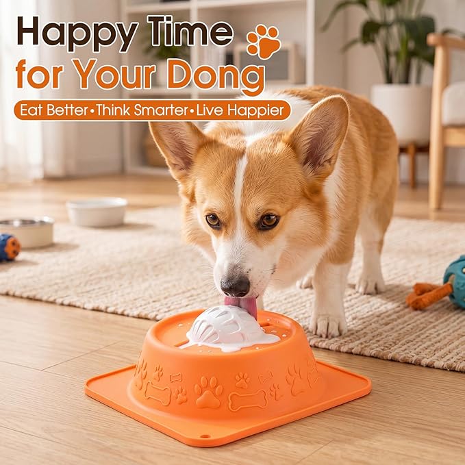 Slow Feeder Dog Bowls, Anti-Slip Dog Lick Bowl with Interactive Rolling Ball, Anxiety Relief Liquid Treat Feeder, Bone Broth Yogurt Licking Toy for Small Medium Large Dogs and Cats(Orange)