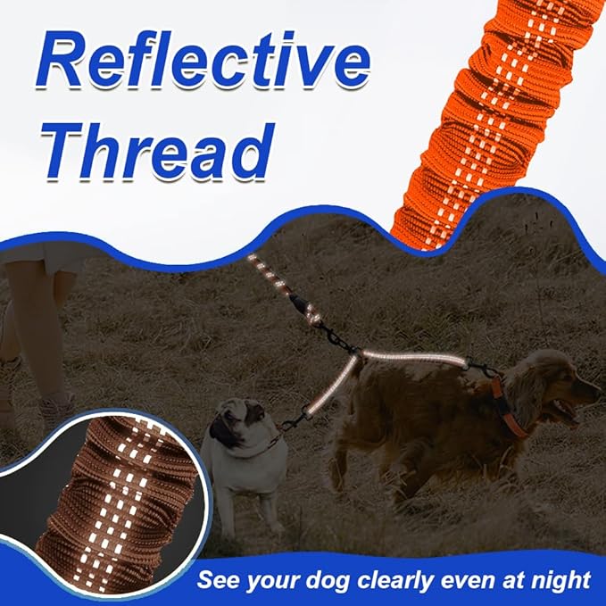 MingXpets Double Dog Leash, Dual Dog Leash, 360° Swivel Tangle Free Bungee Walking Training for Large Medium Dogs, Shock Absorbing Bungee Reflective for Two Dogs, 18~120 lbs, Orange