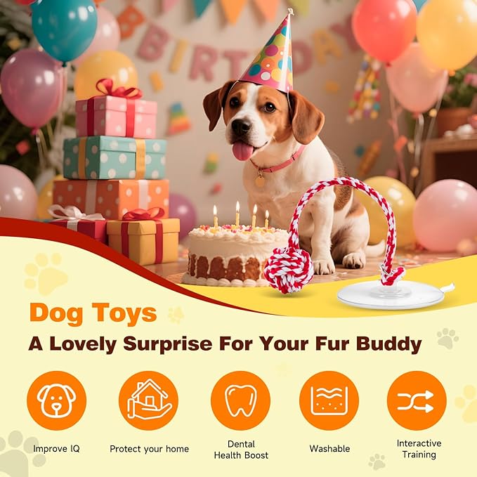 Interactive Dog Toys, Gel Suction Cup Design, Cotton Rope Ball with Built-in Bell, Puppy Teething Toys, Tug of War Dog Toy, Dog Puzzle Toy for Small Dogs, Red & White