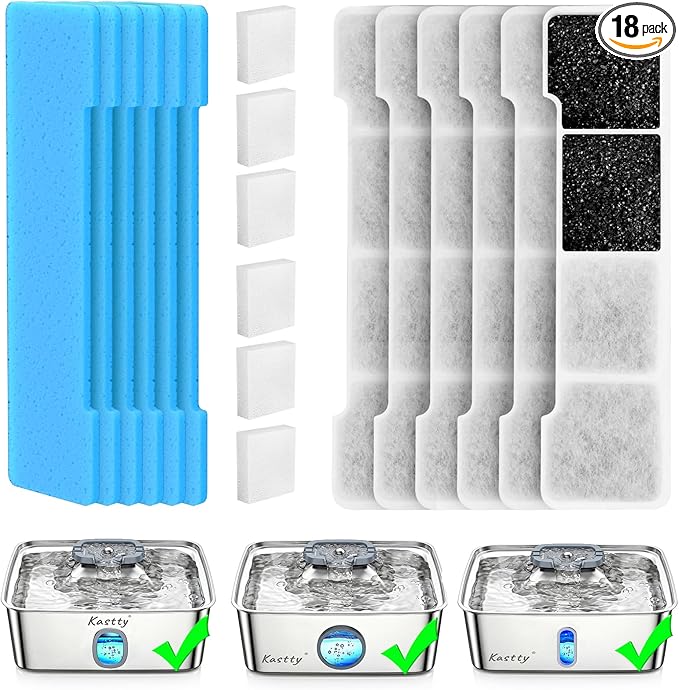 Kastty 15L Dog Water Fountain Filter Replacement, Pet Water Fountain Filter Made of Activated Carbon and PP Cotton, 6 Pack Dog Water Filter Dispenser 6 Pack Pre-Filter Sponge with 6 Pump Sponge