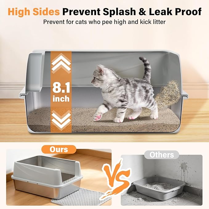 Stainless Steel Litter Box with High Sides, Small Metal Litter Box for Kittens & Small Cats, Low Entry Kitten Litter Boxes with Scoop and Mat, Non-Sticky, Anti-Urine Leakage, Easy Cleaning, Gray