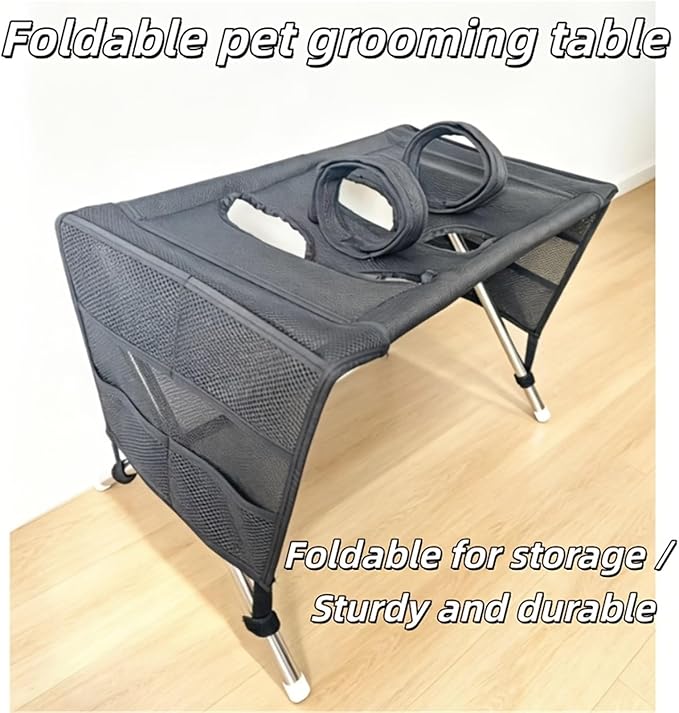 Pet Grooming Hammock for Small Dogs & Cats, Foldable Stainless Steel Grooming Table with Storage Pockets, Pet Bathing Support Stand for Nail Trimming & Drying(Black)