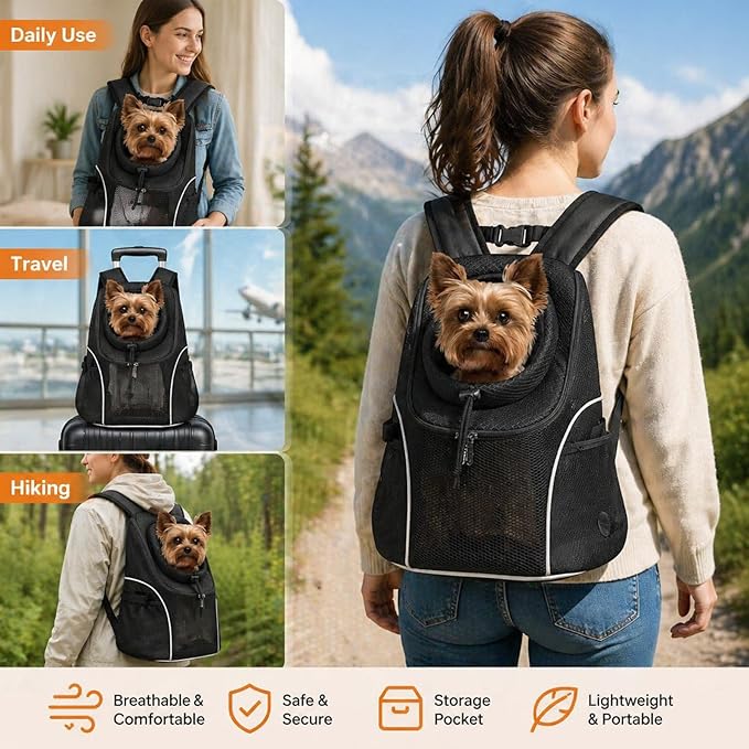 BAGLHER Dog Carrier Backpack for Small Dogs - Front Breathable Pet Backpack with Safety Buckle, Adjustable Hands-Free Design for Hiking, Cycling, Camping & Outdoor Use - Black, Size M (5-9 lbs)