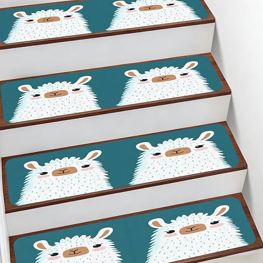 Animal Cute Cartoon Alpaca Stair Treads for Wooden Steps Indoor Washable Staircase Carpet 1PCS 30"x7.8" Stair Step Treads Non-Slip Staircase Covers Peel and Stick Safety Mat for Kids Elders Pets