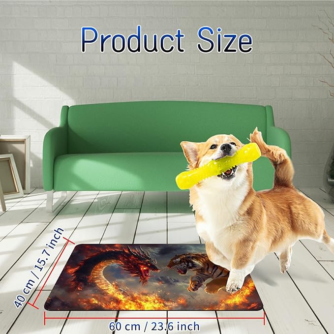 Dog Food Mat, 15.7" x 23.6" Absorbent Pet Feeding Mat for Food and Water, Waterproof Diatom Mud Pet Placemat with Non-Slip Rubber Backing, Cat Bowl Mat for Floors - Flame Tiger Dragon