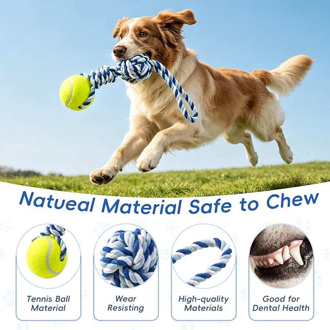 Interactive Tug of War Rope Toy for Medium & Small Dogs - Outdoor Tether Tug Toy with 1 Knot & Tennis Ball, Puppy Teething Chew Cotton Toy