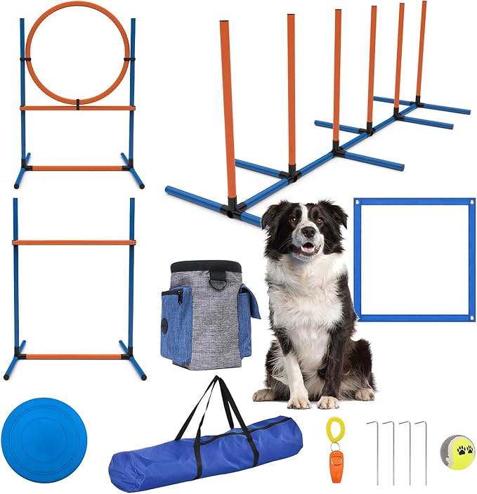Sedeke 4 Sets Pets Agility Training Equipment - Adjustable Dog Hoop, Jump, Weave & Blind Poles, Pause Box for Outdoor Obstacle Course