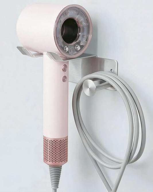 Hair Dryer Holder, Dyson Hair Dryer Holder, Blow Dryer Holder with Cord Hook SUS304 Stainless Steel Wall Mount, Self Adhesive/Screw Space Saving Hairdryer Holder for Bathroom Silver