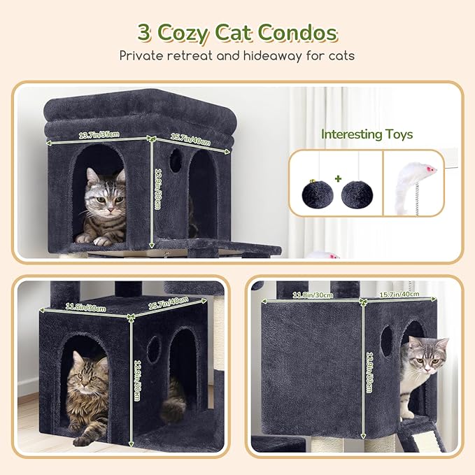 Globlazer 52in Cat Tower for Multiple Indoor Cats, Heavy Duty Multi-Level Cat Tree with 3 Cozy Condos, 4 Natural Sisal Scratching Posts and Cozy Basket Bowl, F52B, Dark Grey