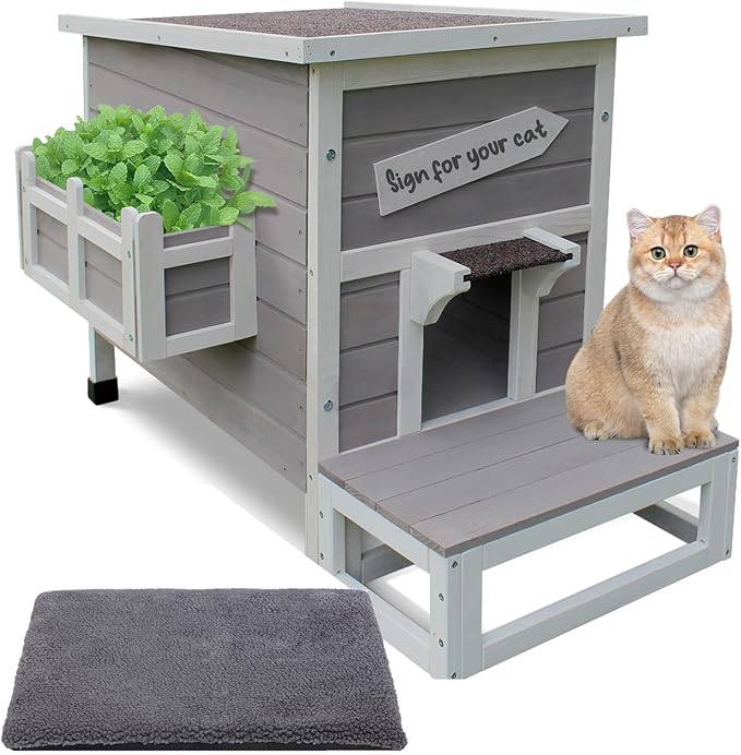 Rockever Outdoor Cat House, Large Outdoor Houses for Feral Cats with Self-Warming Mat Wooden Outside Cat Shelter Weatherproof with Escape Door