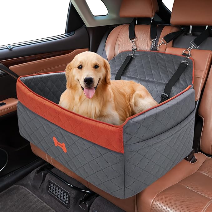 Dog Car Seat for Medium Large Dogs, Detachable Washable Pet Booster Seat with Memory Foam Cushion, Side Pockets, 2 Clip-On Safety Leashes Pet Car Seat for Dog Up to 60 lbs/2 Small Dogs-Grey