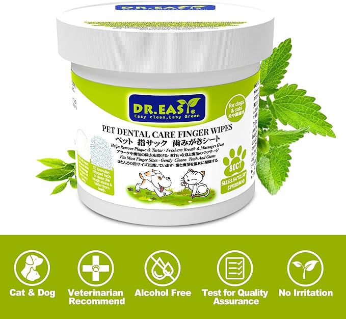 DR.EASY Upgraded Blue Dot Breath Freshener Dental Finger Wipes 80ct for Dog & Cat,Cleaning Pet Teeth Smoothly,Help Wipe Away Plaque&Tartar, No Added Harsh Chemicals No Brush Formula