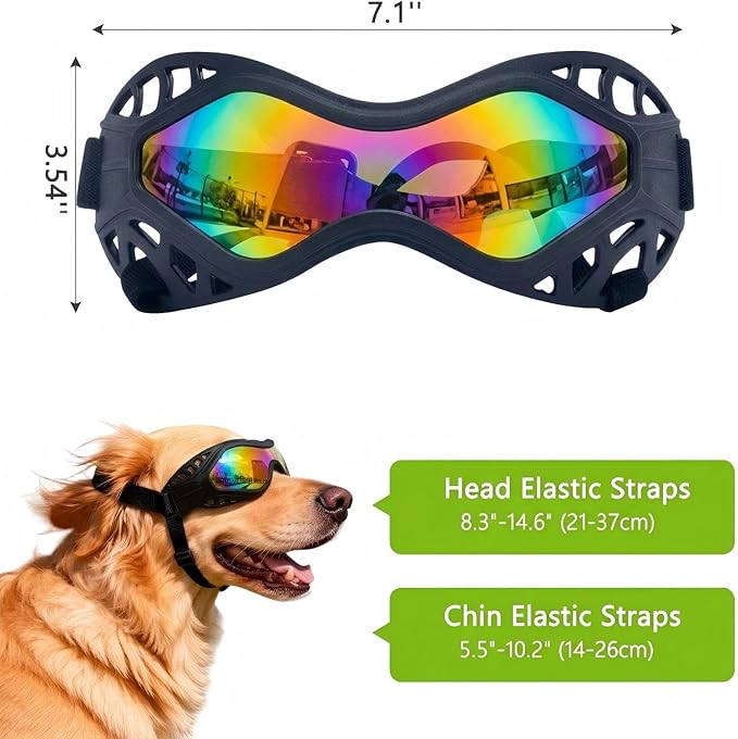 Dog Goggles for Medium to Large Breeds, Adjustable UV Protective Sunglasses with Soft TPU Frame and PC Lens, Windproof & Dustproof Pet Eye Wear for Outdoor Riding, Skiing and Driving (Colored Lens)