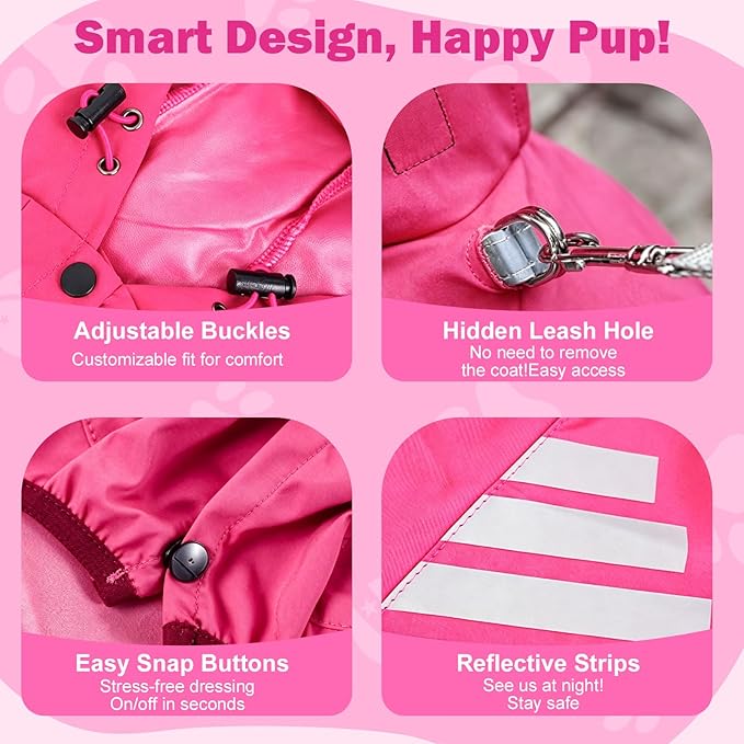 Dog Raincoat Waterproof Windproof Full Body Pet Jacket, Adjustable Reflective Puppy Rain Suit with Leash Hole, Lightweight Foldable Dog Coat for Small Medium Dogs(Pink, M)