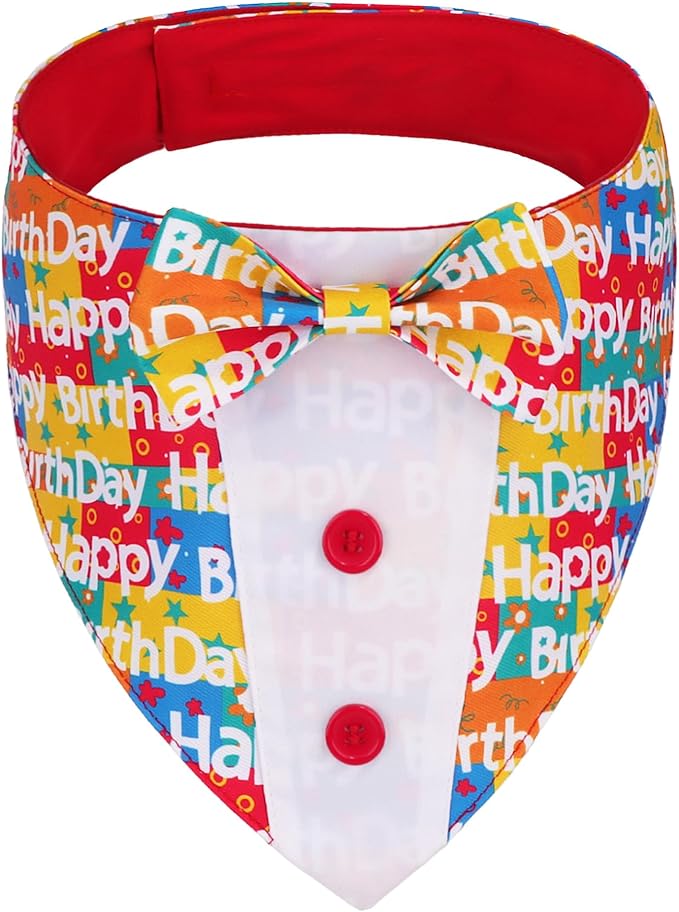 ADOGGYGO Birthday Dog Tuxedo, Adjustable Happy Birthday Print Pet Bowtie Collar Bandana for Medium Dogs (M)