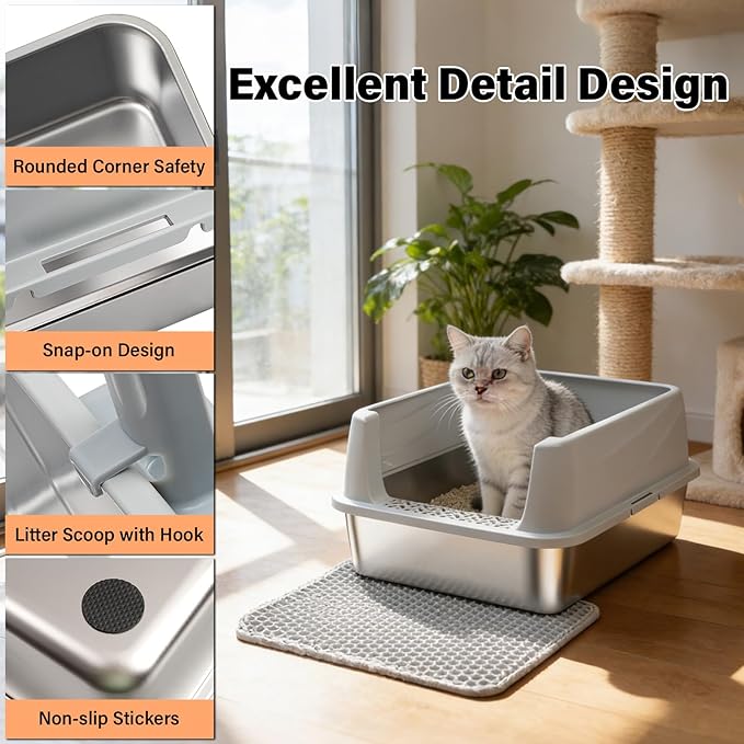 Stainless Steel Litter Box with Lid,Metal Kitty Litter Box for Small to Medium Cats,Low Entry Cat Litter Box with Scoop and Mat,Non-Stick,Anti-Leakage,Easy to Clean