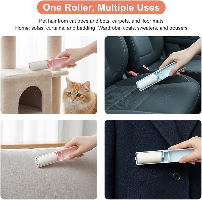 Foldable Travel Lint Roller Set, Washable Foldable Lint Remover, Portable Cleaning Roller with 4 Handles & 8 Refills, Reusable Pet Hair Remover for Clothes with Protective Cover