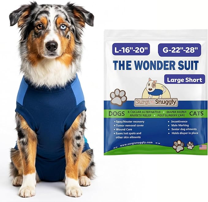 Surgi Snuggly Dog Surgery Recovery Suit - Dog Onesie for Post Surgery Recovery, Female Spay & Male Neuter - Surgical Suit for Dogs, E-Collar Cone Alternative, Double Blue - Large Short - 16"-20" (EC)