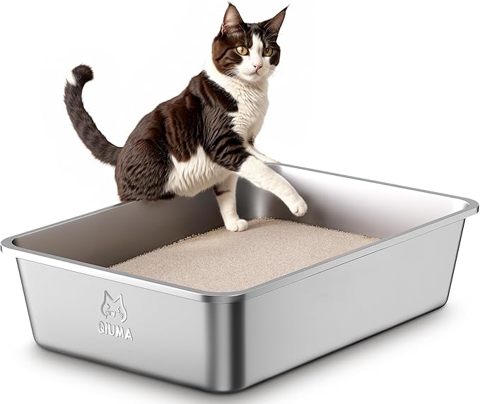 Qiuma Stainless Steel Metal Litter Box, Extra Large Cat Litter Box with High Sides, Odor-Free, Non-Stick, Easy to Clean, 23.4"×15.6"×7.8", Ideal for Large Cats & Multi-Cat Households, Litter Tray
