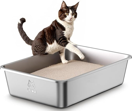 Qiuma Stainless Steel Metal Litter Box, Extra Large Cat Litter Box with High Sides, Odor-Free, Non-Stick, Easy to Clean, 23.4"×15.6"×5.9", Ideal for Large Cats & Multi-Cat Households, Litter Tray