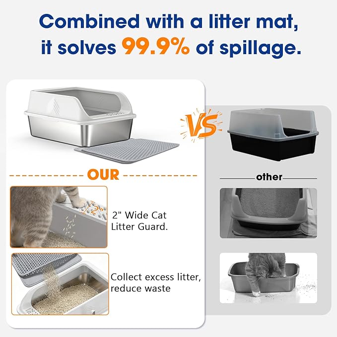 Stainless Steel Litter Box, Enclosed Metal Cat Litter Box with High Sides Lid for Small Cats,High Sided, Anti-Urine Leakage, Non-Stick Bottom & Includes Litter Mat & Cat Litter Scoop