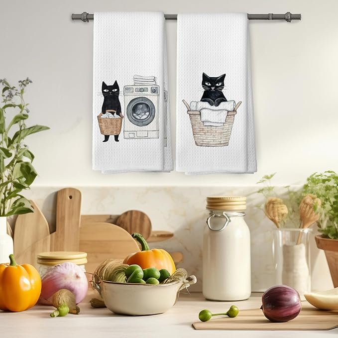 Black Cat Laundry Hand Towels, Cat Lovers Mom Gifts Hand Towel for Bathroom Decor, Funny Laundry Kitty Kitten Decorative Towels for Bathroom Washroom Room 16x24 Inch Set of 2