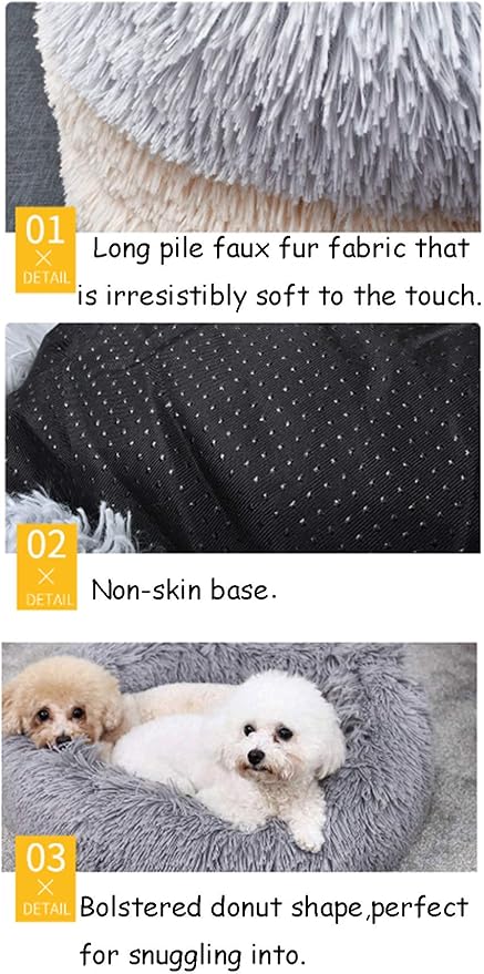 Faux Fur Dog Bed, Shag Round Anti-Anxiety Pet Calming Doughnut Cuddler for Medium Large Puppy Dog Cat Kennel Cushion - Self Warming (28'' D x 8" H, Light Grey)