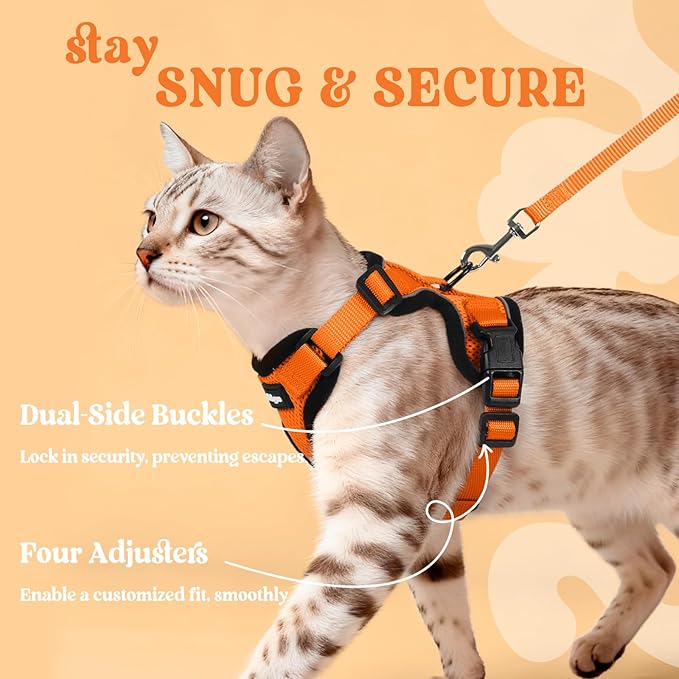 rabbitgoo Cat Harness and Leash Set, Escape Proof Vest Harness for Safe Outdoor Walks, Soft Breathable Adjustable Vest with Reflective Strips for Average to Large Cats, Orange, M