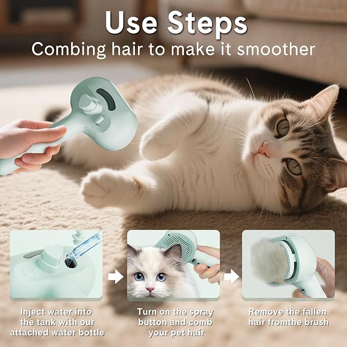 Pet Steam Brush for Dogs & Cats - 3-in-1 Deshedding & Detangling Tool with Steam Spray, Anti-Static Grooming Brush for Long/Short Haired Pets, Waterless Cleaning & Massage(Green)