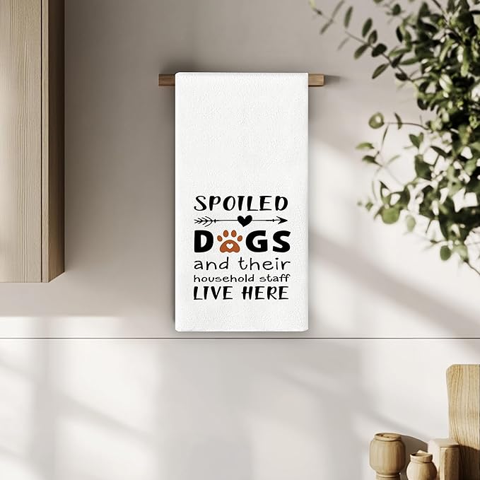 Funny Dog Kitchen Towels - Dog Mom Gifts for Women Dog Lovers, Dog Kitchen Decor, Spoiled Dogs and Their Household Staff Live Here Funny Dish Towels for Kitchen 16x24
