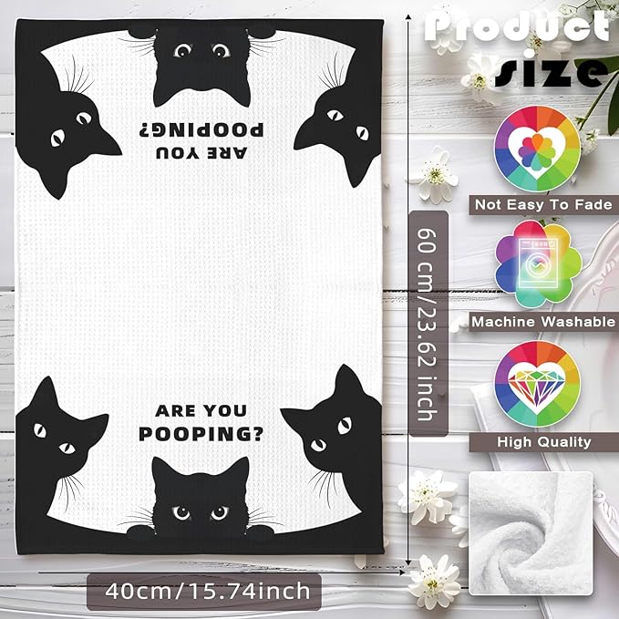 Quick-Drying Humorous Bathroom Hand Towel with Playful Black Cat Design - Quirky 'are You Pooping' Inspired Artwork Decorative Towel for Bathroom, Funny Feline Lover Gifts for Cat Ladies