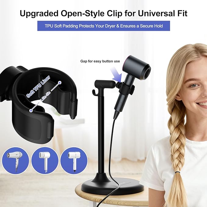 Hair Dryer Stand with 360 Rotating Head, Hands Free, Large Hook,Heavy Duty Base, Adjustable Height, TPU Padded Clip, Aluminum Alloy Holder for Home or Salon (Black)