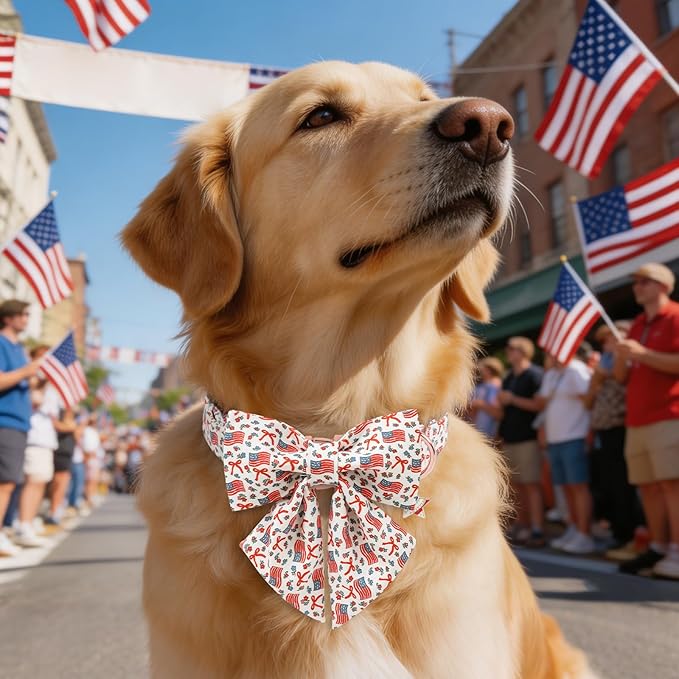 DOGWONG American Flag Dog Collar with Sailor Bow - Adjustable and Comfortable 4th of July Dog Collar Patriotic Necklace for Large Medium Small Pet,L