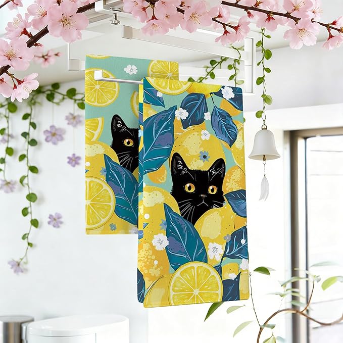 Black Cat Lemon Kitchen Dish Towels Set of 2, Spring Summer Citrus Fruit Drying Hand Towel Baking Cooking Cloth Pet Owner Lover Gifts, Floral Farmhouse Bathroom Home Decoration 18'' x 26''